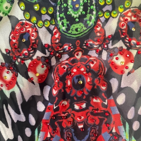 Vibrant Multicolor V-neck Kaftan Dress with rhinestones. One size. Sheer - Picture 8 of 10